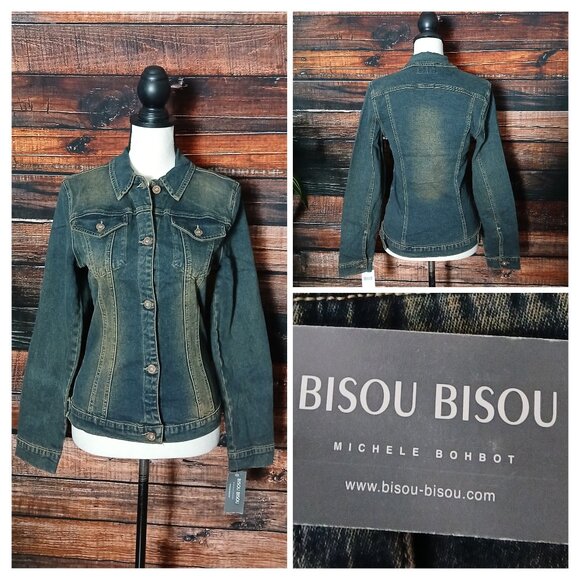 NWT Bisou Bisou Jean Jacket Size M Fitted Vintage Wash Blue Denim Stretch - Picture 1 of 12